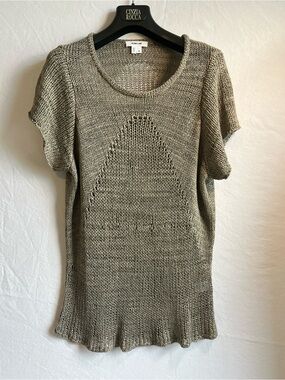 Helmut Lang Olive Green Open-Knit Short Sleeve Crew Sweater